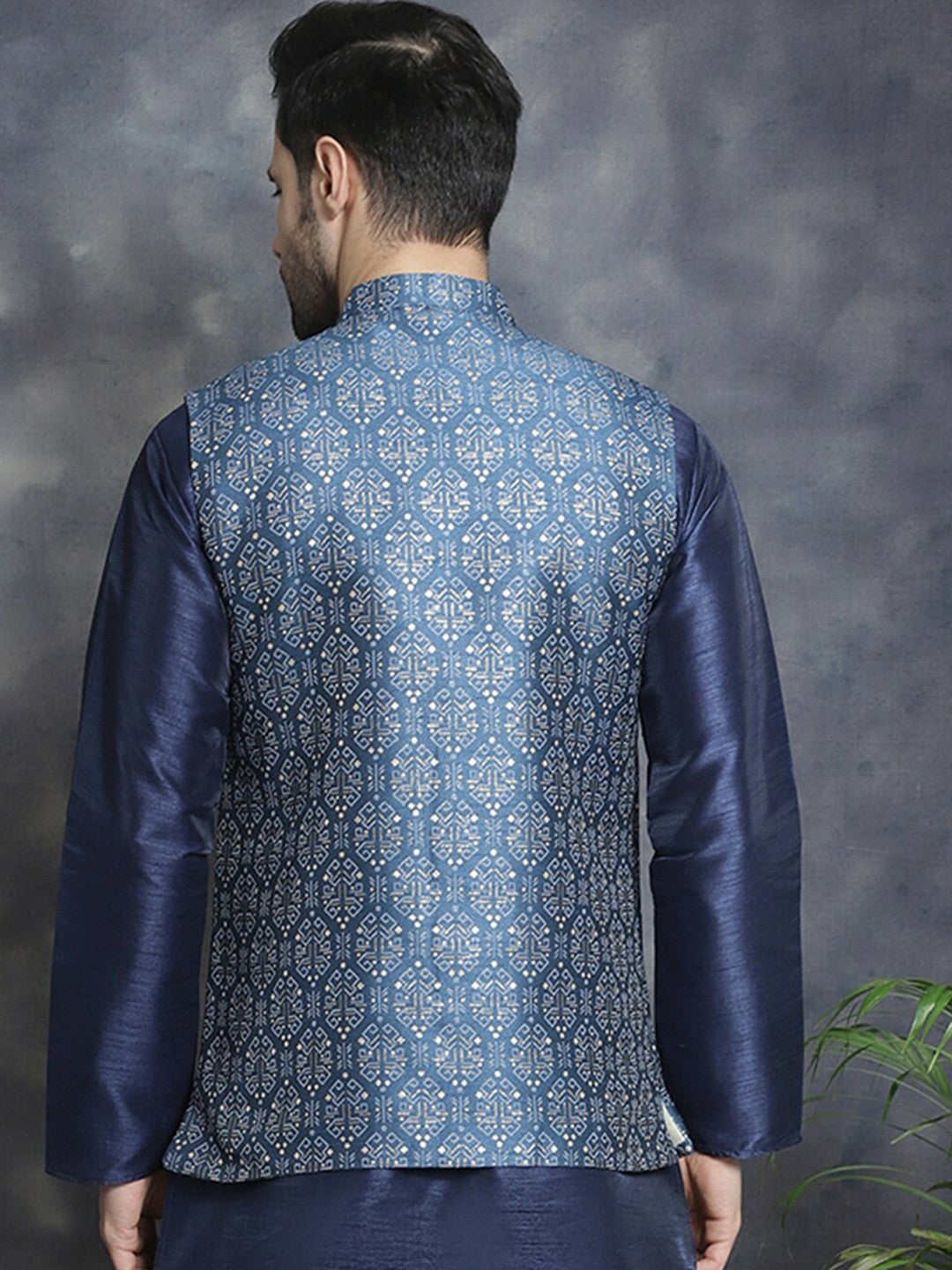 Men’s Navy Blue & White Printed Nehru Jacket