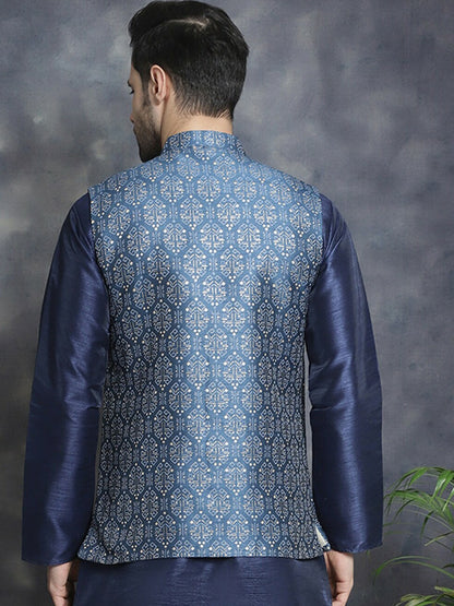 Men’s Navy Blue & White Printed Nehru Jacket