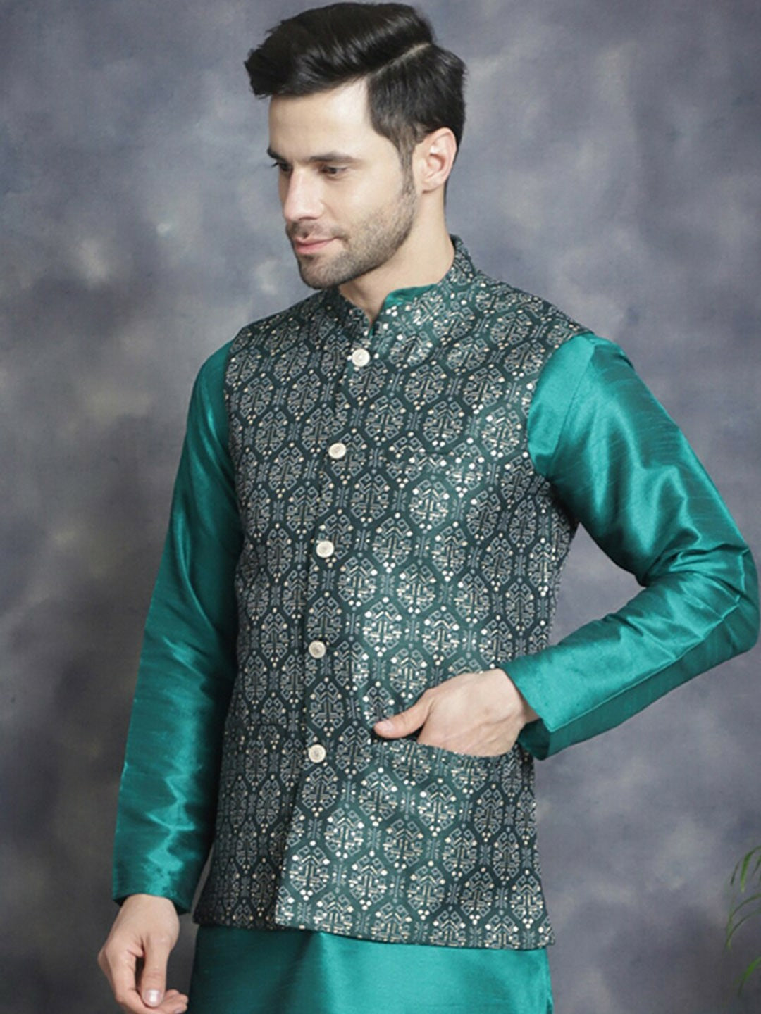 Men’s Green Ethnic Printed Nehru Jacket