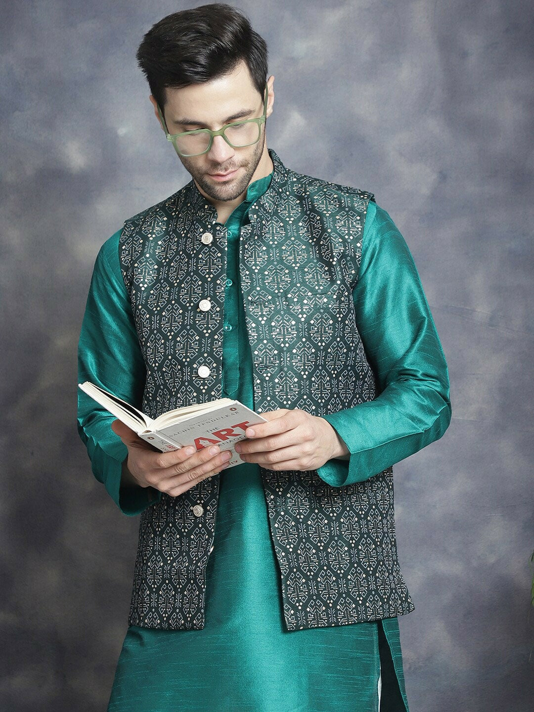 Men’s Green Ethnic Printed Nehru Jacket