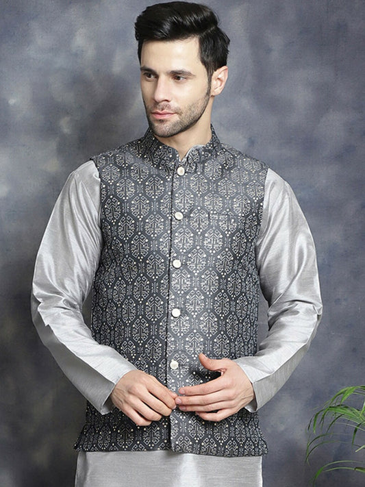 Men’s Charcoal Grey Printed Nehru Jacket