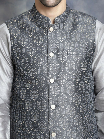 Men’s Charcoal Grey Printed Nehru Jacket