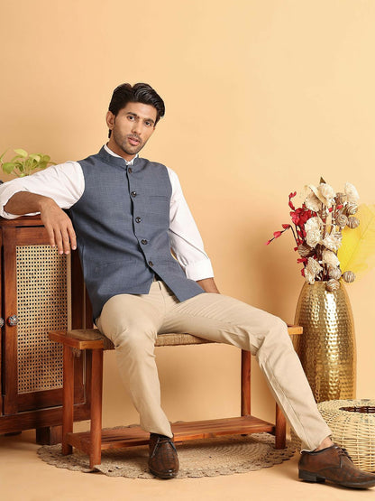 Refined Blue Check Nehru Jacket in Cotton for Men | Indiaista