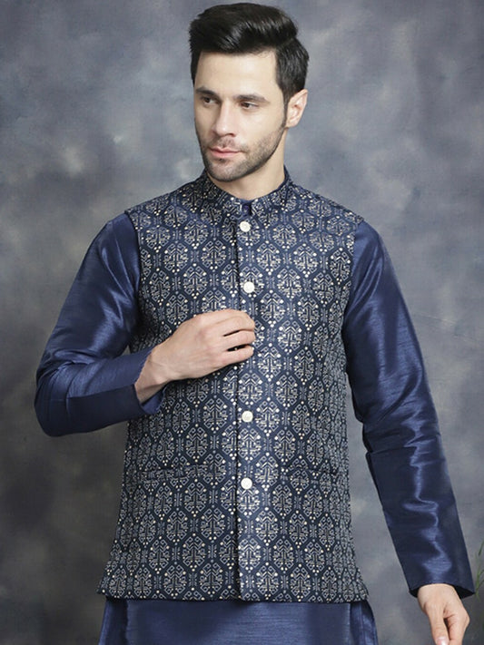 Men’s Navy Blue Ethnic Printed Nehru Jacket