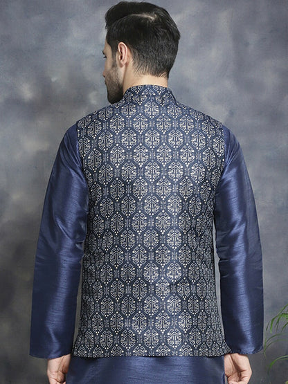 Men’s Navy Blue Ethnic Printed Nehru Jacket