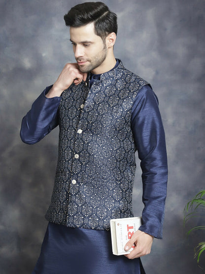 Men’s Navy Blue Ethnic Printed Nehru Jacket