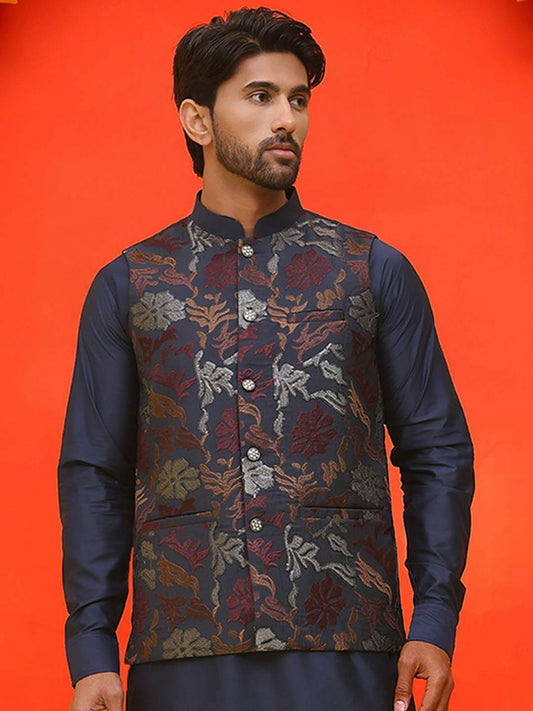 Men’s Navy Blue Embroidered Nehru Vest – Silk Blend Ethnic Waistcoat
