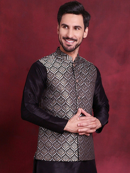 Men’s Black & Silver Nehru Vest – Woven Silk Blend Ethnic Jacket