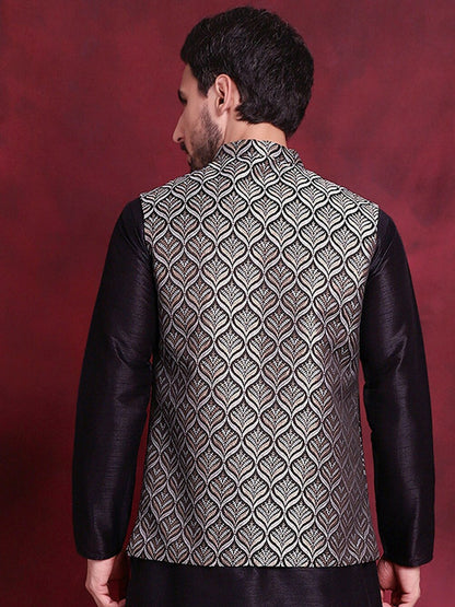 Men’s Black & Silver Nehru Vest – Woven Silk Blend Ethnic Jacket
