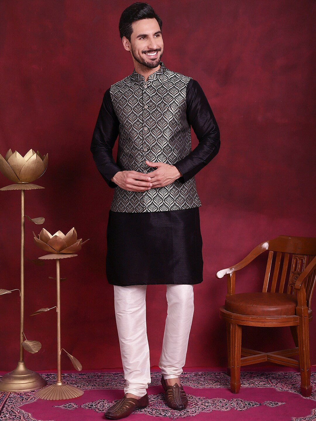 Men’s Black & Silver Nehru Vest – Woven Silk Blend Ethnic Jacket