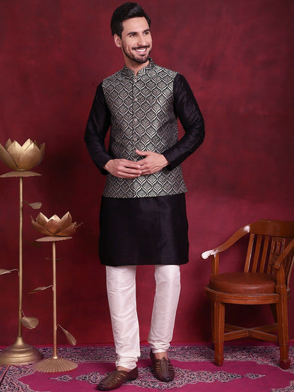 Men’s Black & Silver Nehru Vest – Woven Silk Blend Ethnic Jacket