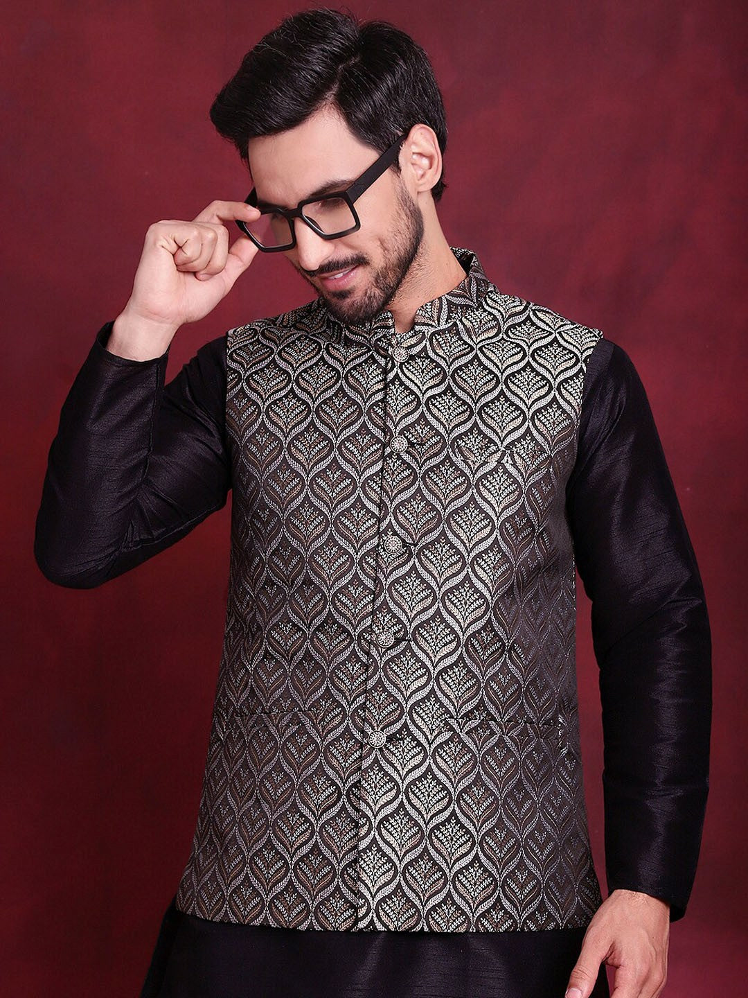 Men’s Black & Silver Nehru Vest – Woven Silk Blend Ethnic Jacket