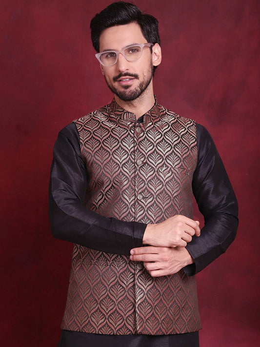 Black & Gold Woven Nehru Vest for Men – Festive Silk Blend Waistcoat