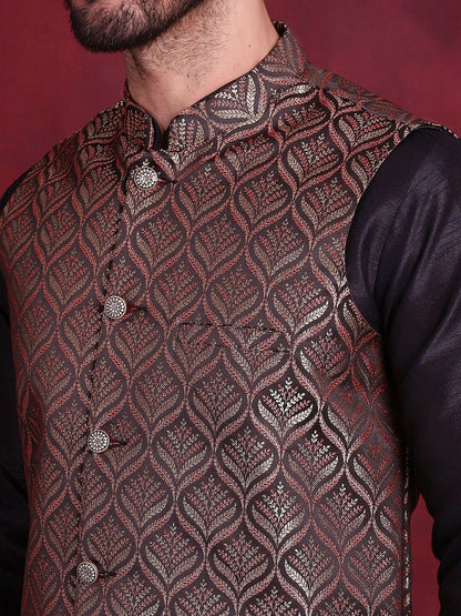 Black & Gold Woven Nehru Vest for Men – Festive Silk Blend Waistcoat