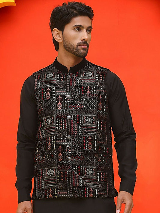 Men’s Black Embroidered Velvet Nehru Jacket – Royal Sleeveless Vest