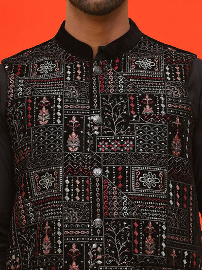 Men’s Black Embroidered Velvet Nehru Jacket – Royal Sleeveless Vest