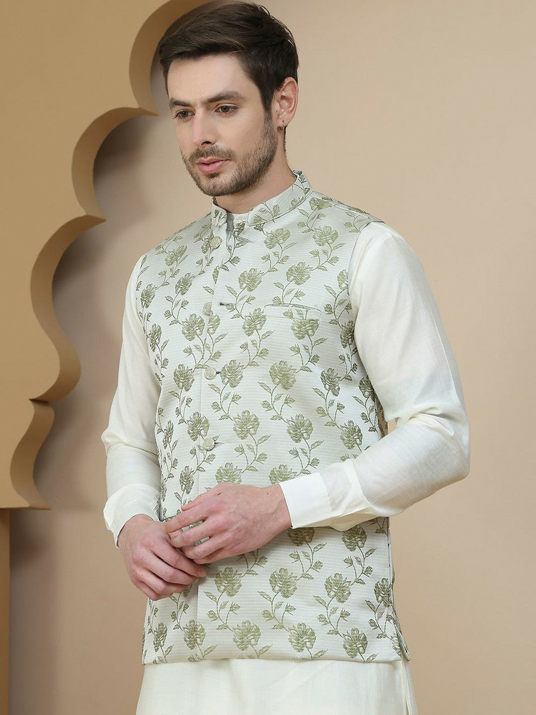 Green Printed Satin Nehru Jacket for Men | indiaista