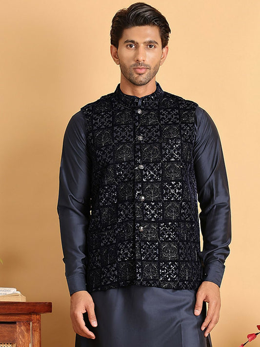 Men’s Navy Blue Velvet Nehru Jacket – Embroidered Festive Waistcoat