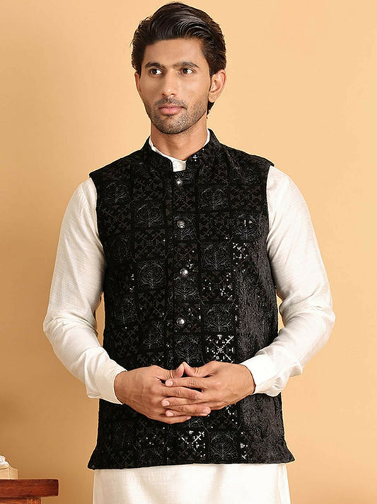 Men’s Black Embroidered Velvet Nehru Vest – Formal Ethnic Waistcoat