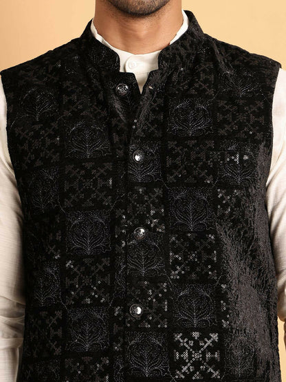 Men’s Black Embroidered Velvet Nehru Vest – Formal Ethnic Waistcoat