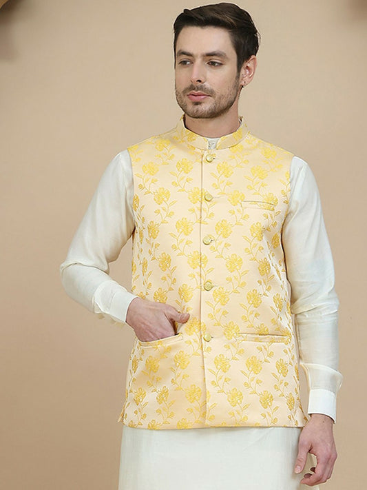 Yellow Embroidered Woven Satin Nehru Jacket for Men | indiaista