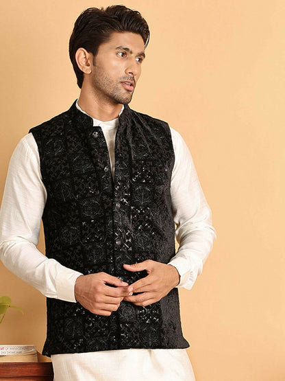 Men’s Black Embroidered Velvet Nehru Vest – Formal Ethnic Waistcoat