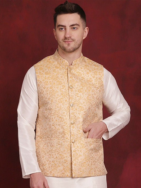 Men’s Gold Woven Nehru Jacket – Silk Blend Festive Sleeveless Vest
