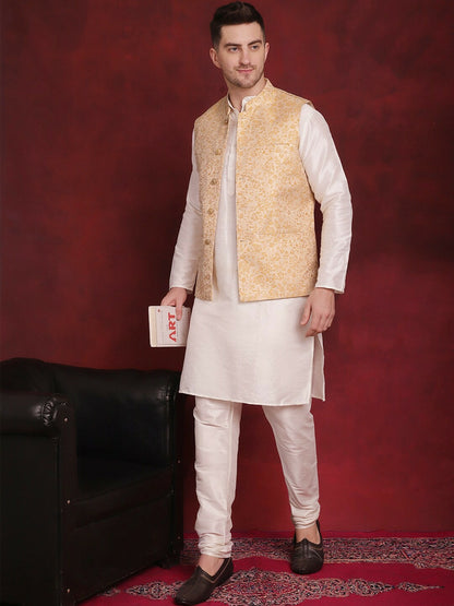 Men’s Gold Woven Nehru Jacket – Silk Blend Festive Sleeveless Vest