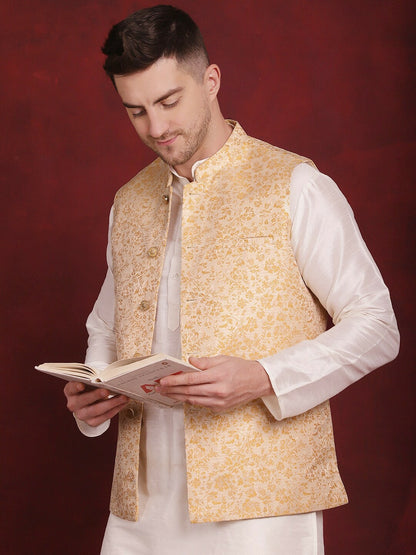 Men’s Gold Woven Nehru Jacket – Silk Blend Festive Sleeveless Vest