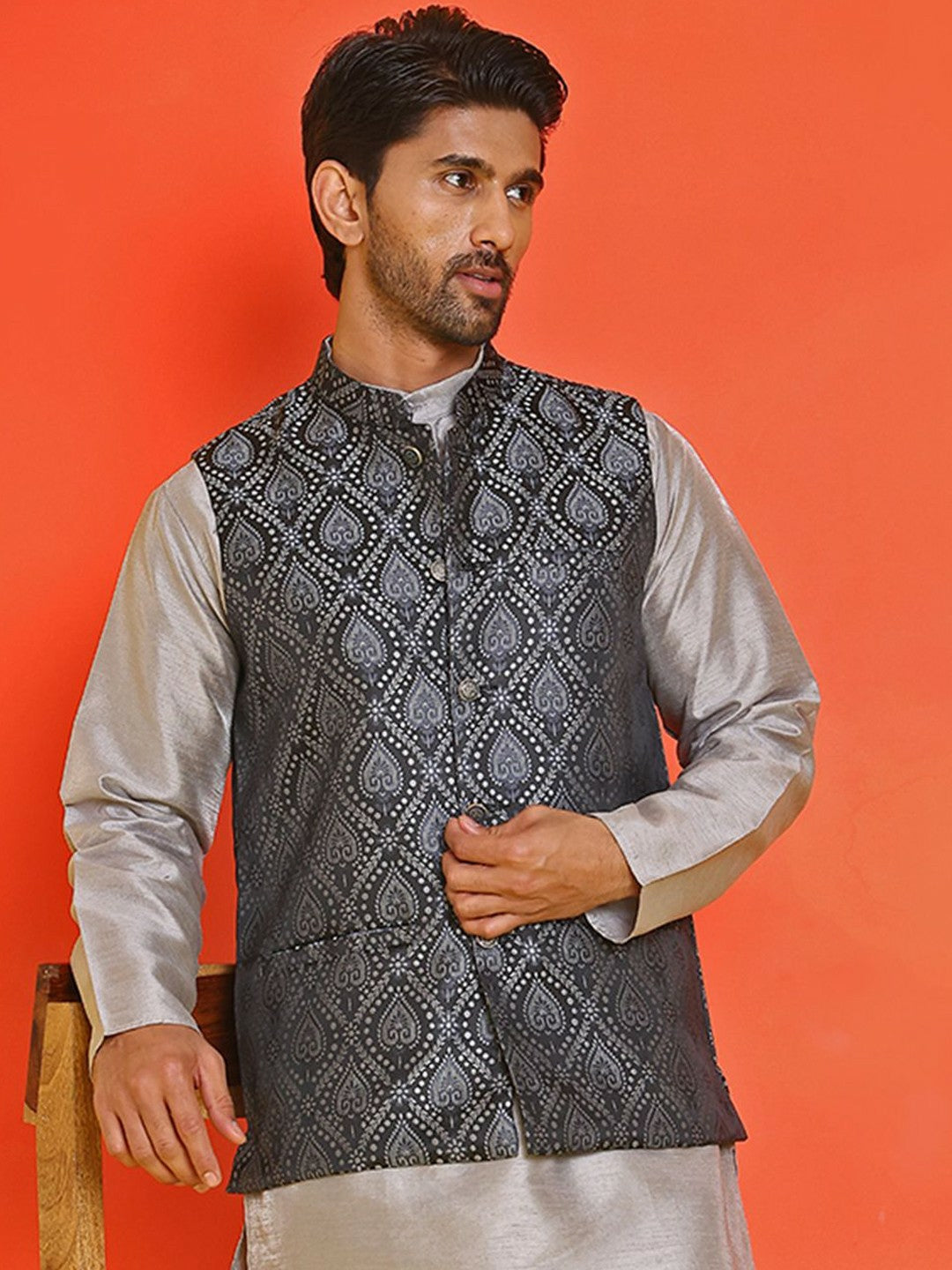 Men’s Black Woven Nehru Jacket – Classic Silk Blend Ethnic Vest
