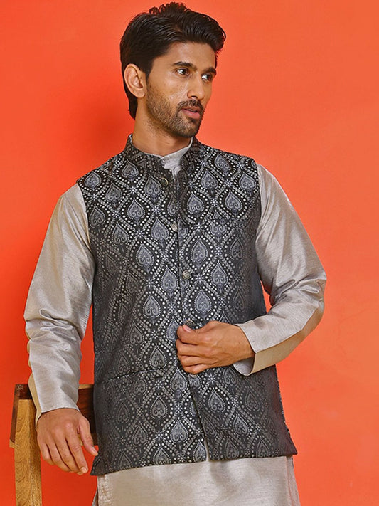 Men’s Black Woven Nehru Jacket – Classic Silk Blend Ethnic Vest