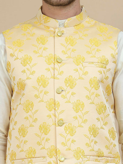 Yellow Embroidered Woven Satin Nehru Jacket for Men | indiaista