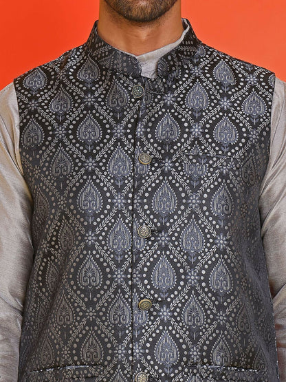 Men’s Black Woven Nehru Jacket – Classic Silk Blend Ethnic Vest