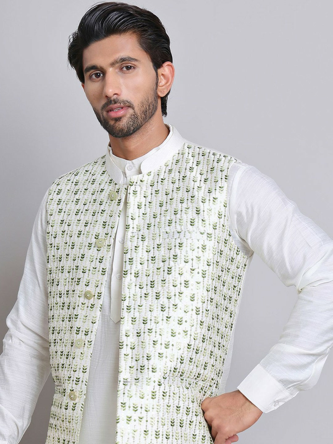 Men’s White & Green Embroidered Nehru Jacket – Silk Blend Ethnic Vest