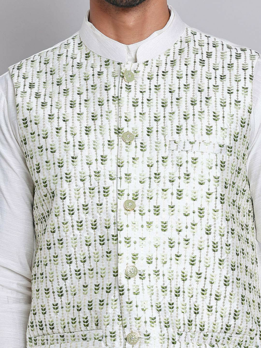 Men’s White & Green Embroidered Nehru Jacket – Silk Blend Ethnic Vest