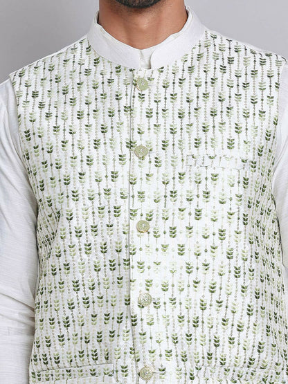 Men’s White & Green Embroidered Nehru Jacket – Silk Blend Ethnic Vest