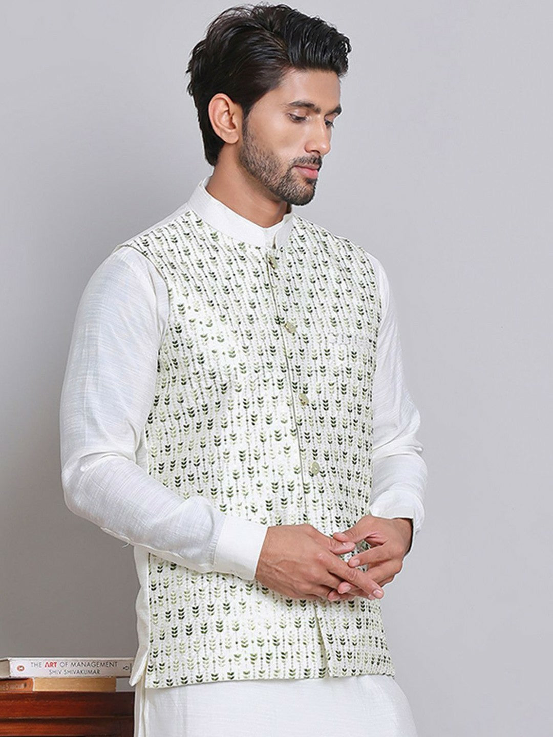 Men’s White & Green Embroidered Nehru Jacket – Silk Blend Ethnic Vest