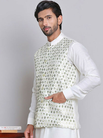 Men’s White & Green Embroidered Nehru Jacket – Silk Blend Ethnic Vest