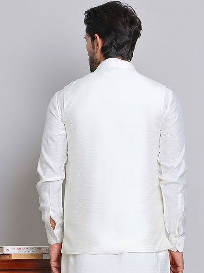 Men’s White & Green Embroidered Nehru Jacket – Silk Blend Ethnic Vest