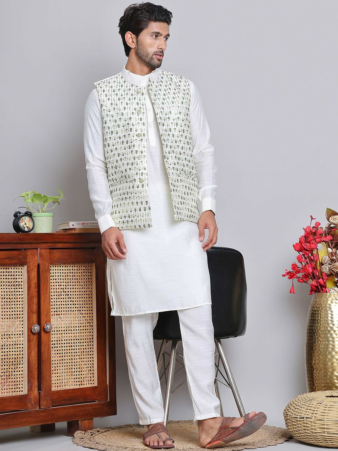 Men’s White & Green Embroidered Nehru Jacket – Silk Blend Ethnic Vest