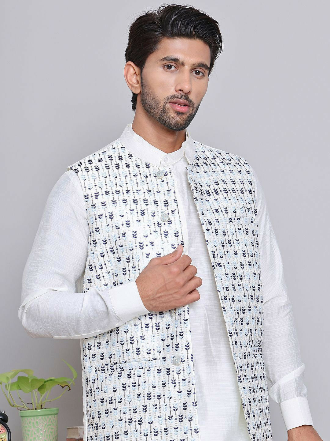Men’s Blue Embroidered Nehru Jacket – Silk Cotton Festive Waistcoat