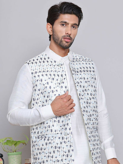 Men’s Blue Embroidered Nehru Jacket – Silk Cotton Festive Waistcoat