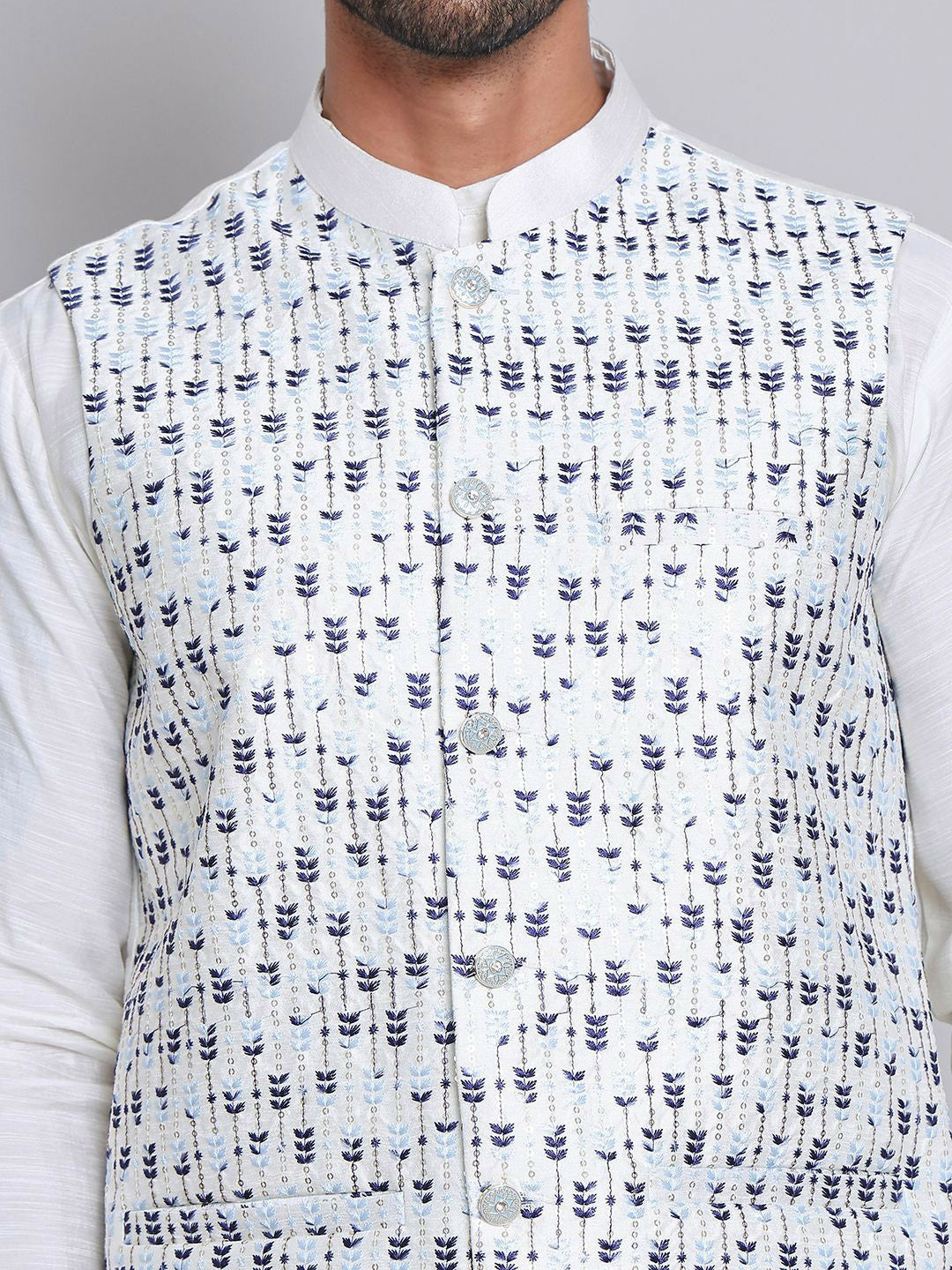 Men’s Blue Embroidered Nehru Jacket – Silk Cotton Festive Waistcoat