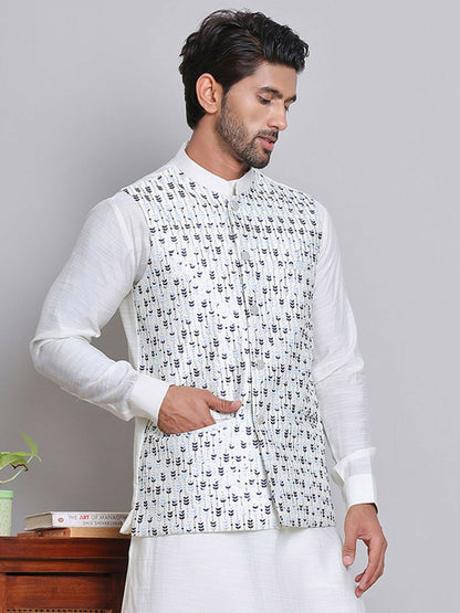 Men’s Blue Embroidered Nehru Jacket – Silk Cotton Festive Waistcoat