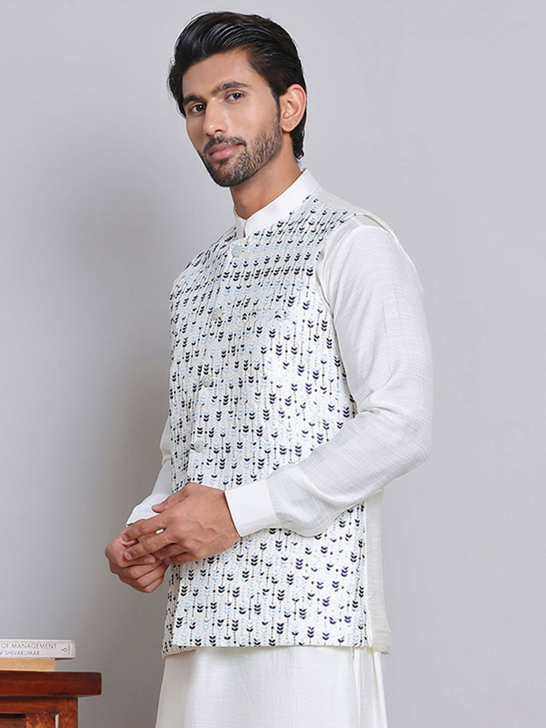 Men’s Blue Embroidered Nehru Jacket – Silk Cotton Festive Waistcoat
