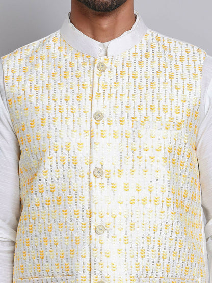 Men’s White & Yellow Embroidered Nehru Jacket – Silk Cotton Vest