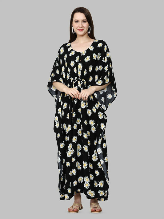 Black & Yellow Floral Printed Kaftan Maternity Dress – Maxi Length, Flared Sleeves | Indiaista