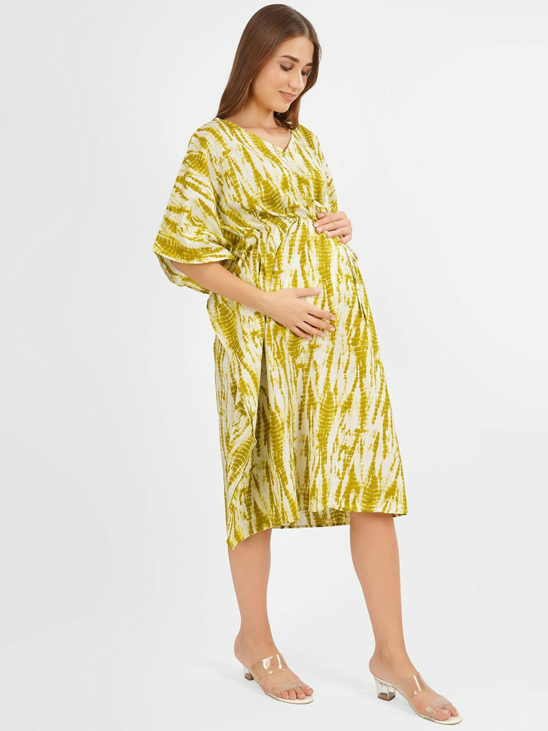 Olive Green Tie-Dye Maternity Kaftan Dress – Cotton, V-Neck, Knee-Length | Indiaista