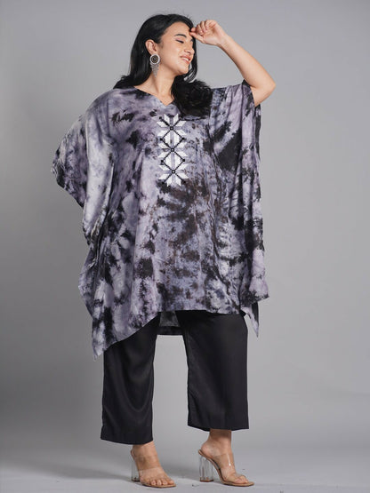 Plus Size Grey Floral Printed Kaftan Kurti for Women – V-Neck, Flared Sleeves | Indiaista