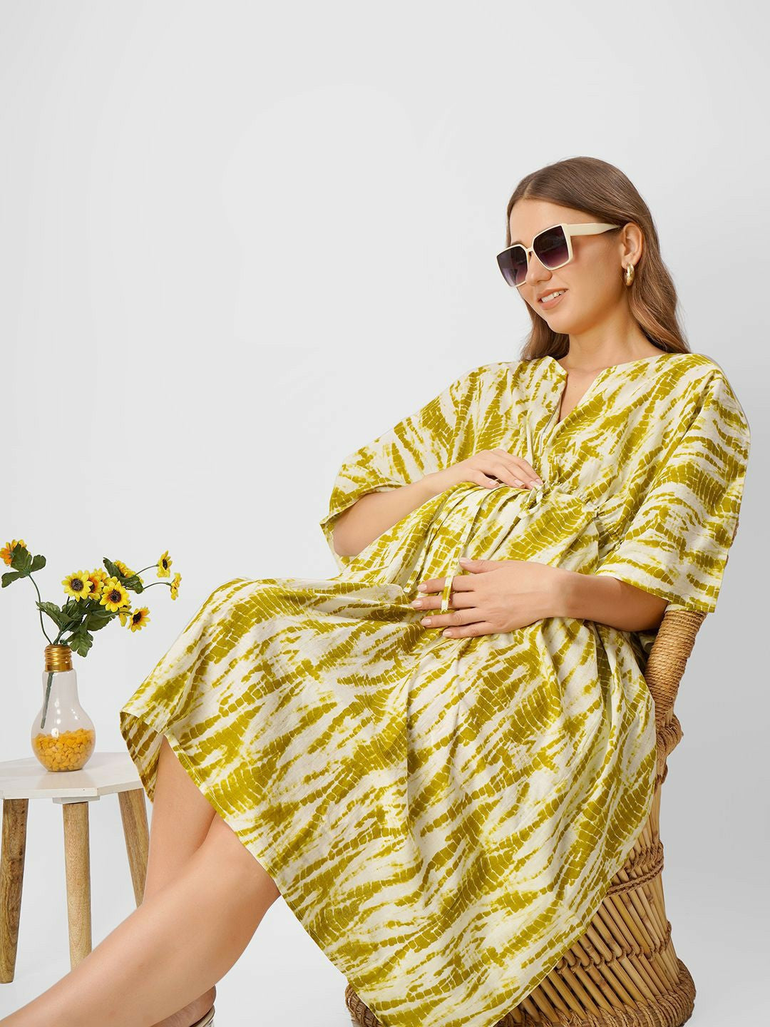 Olive Green Tie-Dye Maternity Kaftan Dress – Cotton, V-Neck, Knee-Length | Indiaista